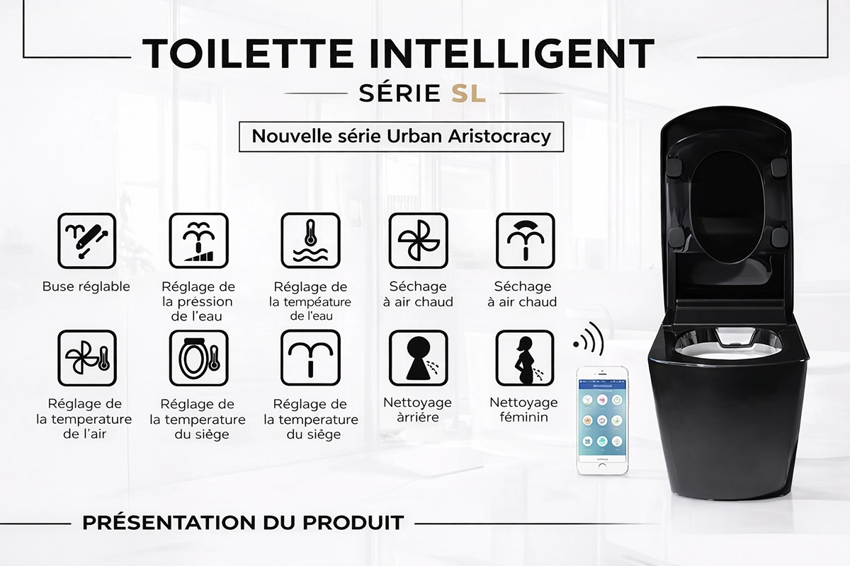 Toilette japonaise connectée noire au sol avec bâti mural inclus